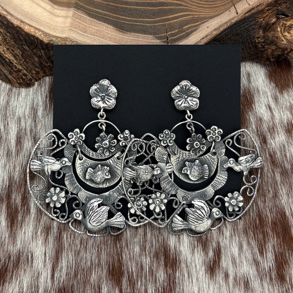FEDERICO JIMENEZ Sterling Silver Large Wedge Dangle Post Earrings Birds Flowers
